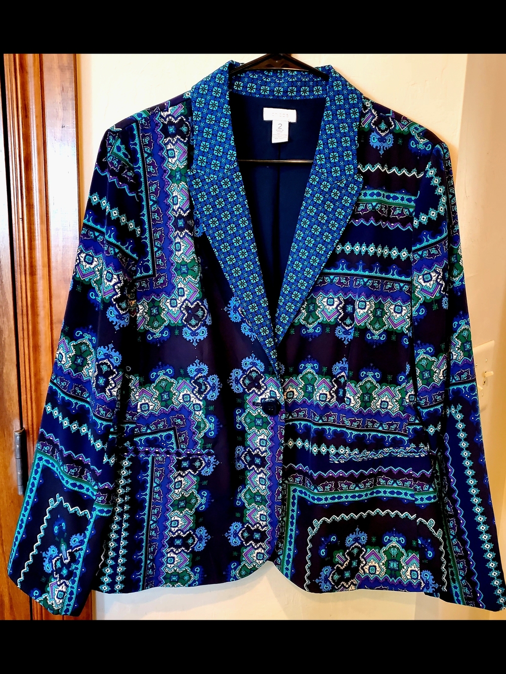 Chico's Sz 2 (12t14) Elegant Women's Patterned Blazer Jacket - Blue Green Multi